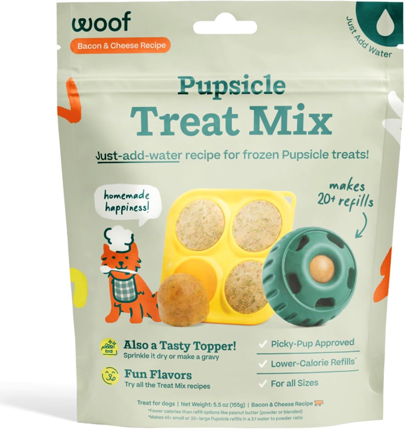 WOOF Dog Pupsicle Mix - Easy-to-Make DIY Pupsicle Refills - Tasty, Healthy Pupsicle Mix - Wholesome Ingredients - Long-Lasting Treats for Dogs - Bacon and Cheese Mix Recipe 5.5 oz