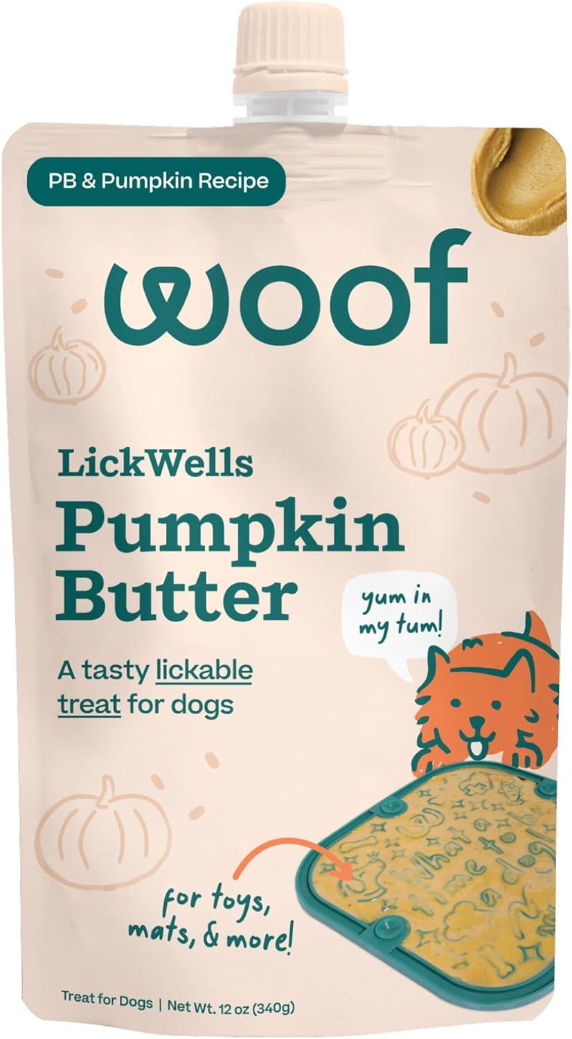 Woof LickWells Pumpkin Butter - Dog Lick Mat Spread and Meal Topper for the FlipMat and LickMat - Made with Prebiotics and Superfoods - for Digestion and Enrichment - 12 oz - PB &amp; Pumpkin Flavor