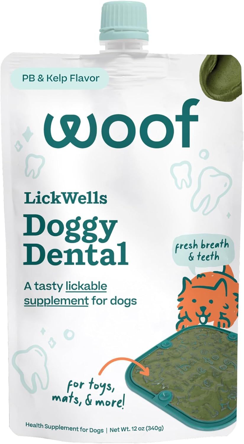 WOOF LickWells Doggy Dental - Teeth Cleaning Supplement and Breath Freshener for The FlipMat and LickMat - Postbiotic Squeezable Dog Treats to Support Oral Health for Dogs - 12 oz PB &amp; Kelp Flavor.