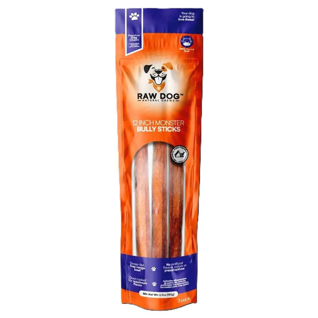 Raw Dog Natural Chews Low Odor Monster Bully Sticks 12 inch 3 Pack