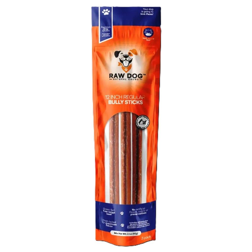 Raw Dog Natural Chews Low Odor Regular Bully Sticks 12 inch 3 Pack
