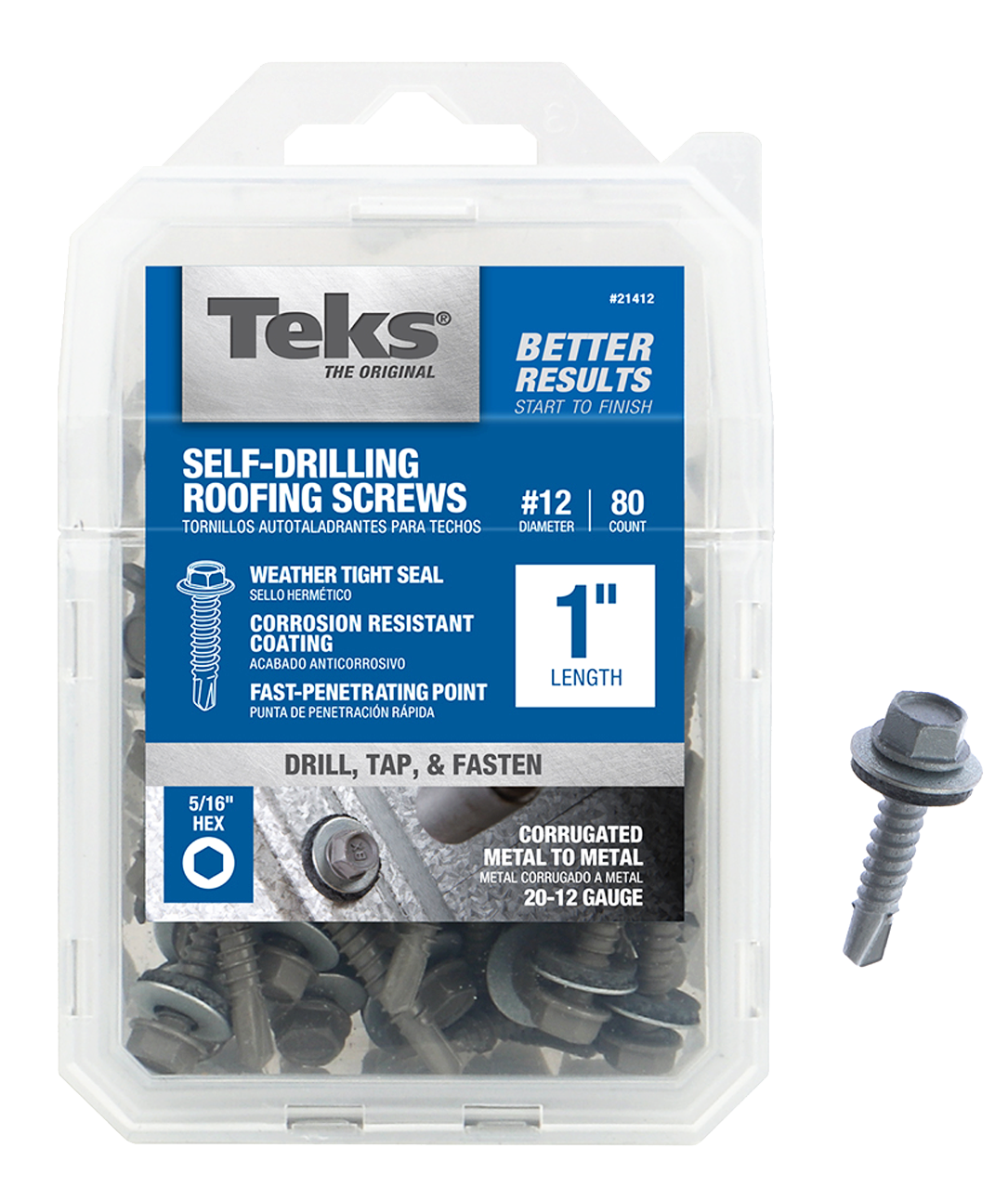 Teks 21412 Roofing Screw, #12 Thread, Coarse, 5/16 in Drive, Drill Point*