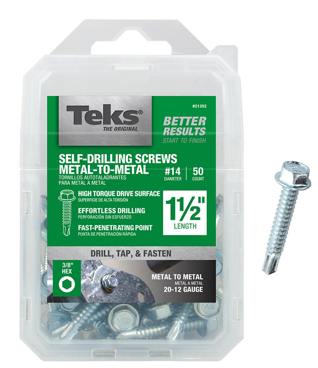 Teks 21352 Self-Tapping Screw, #14 Thread, Coarse, 3/8 in Drive, Self-Drill Point