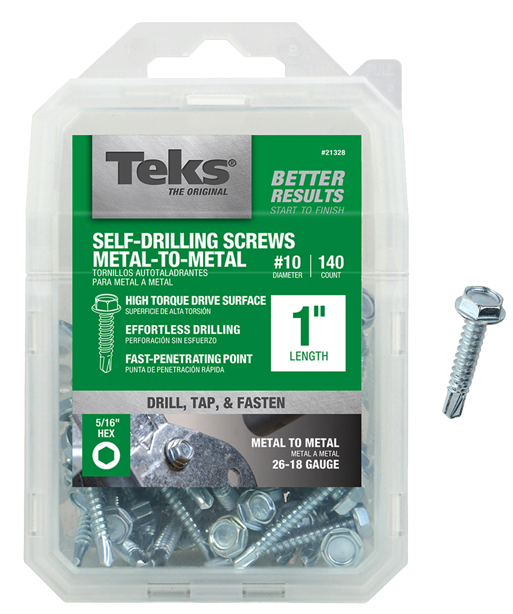 Teks 21328 Self-Tapping Screw, #10 Thread, Coarse, 1/4 in Drive, Self-Drill Point