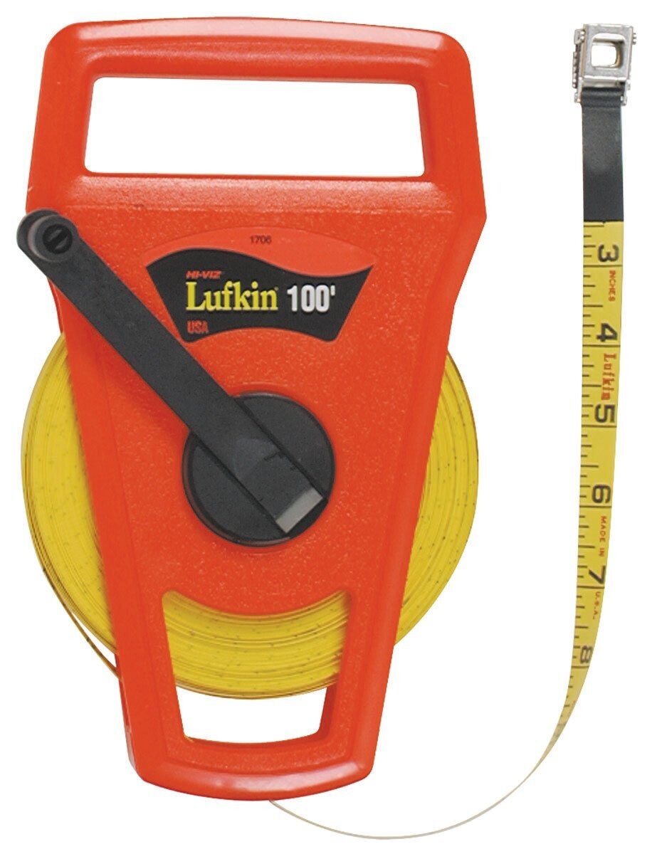 Cresent Lufkin FE100D/1706D Tape Measure, 100 ft L x 1/2 in W Blade, Fiberglass Blade, Orange*