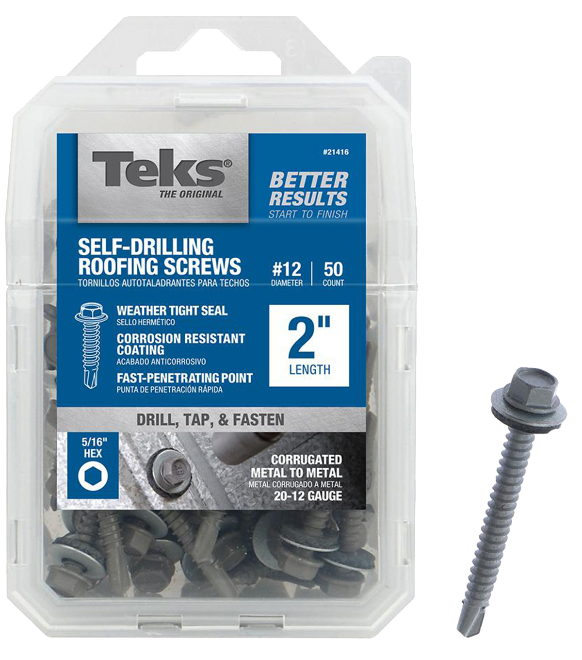 Teks 21416 Roofing Screw, #12 Thread, Coarse, 5/16 in Drive, Drill Point