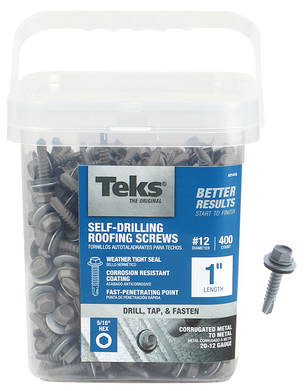 Teks 21418 Self-Tapping Roofing Screw, #12 Thread, Coarse, Drill Point*