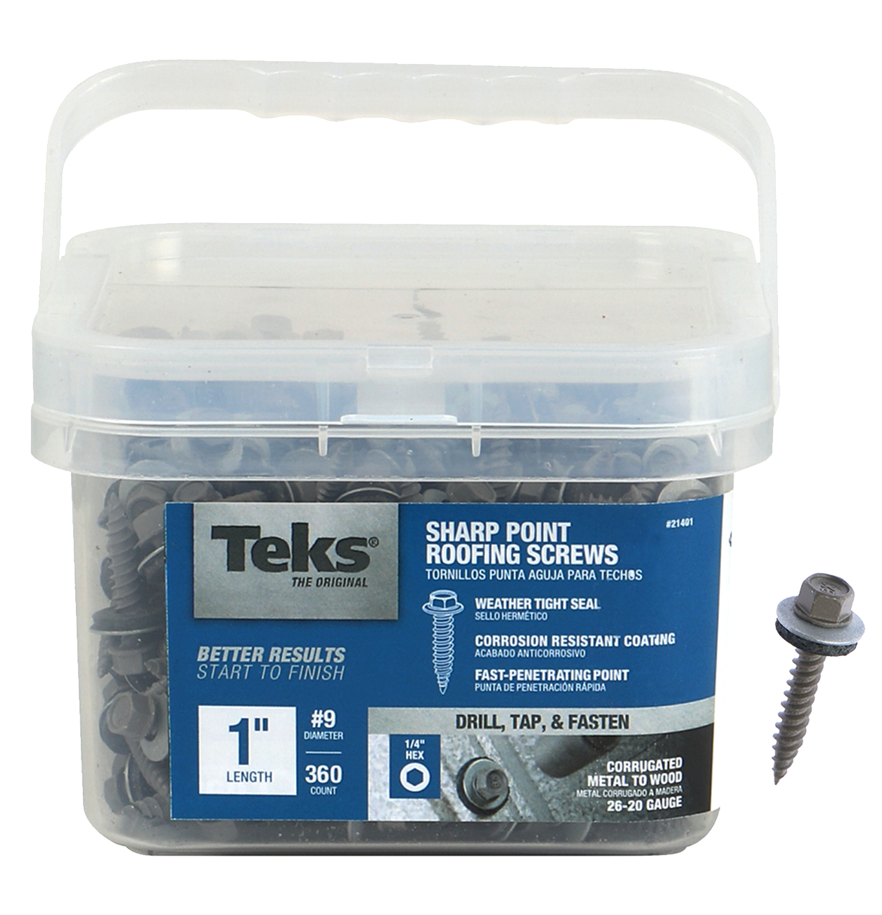 Teks 21401 Self-Tapping Roofing Screw, #9 Thread, Sharp Point