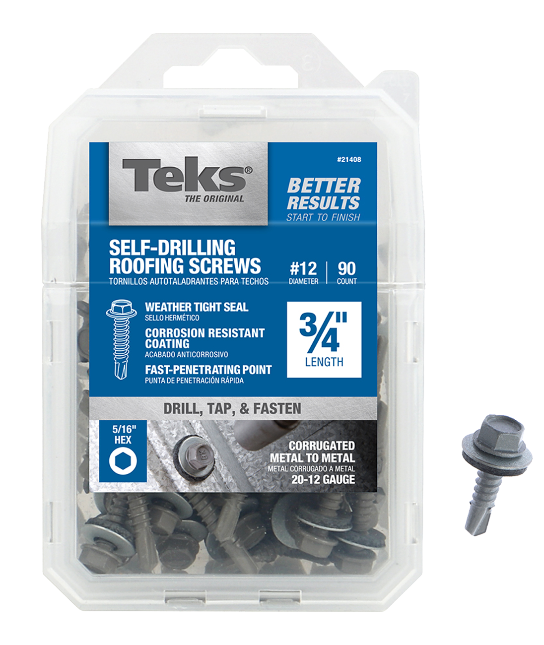 Teks 21408 Roofing Screw, #12 Thread, Fine, 1/4 in Drive, Drill Point