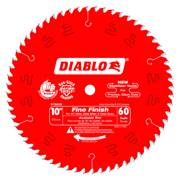 Diablo D1060X Circular Saw Blade, 10 in Dia, 5/8 in Arbor, 60-Teeth, Carbide Cutting Edge