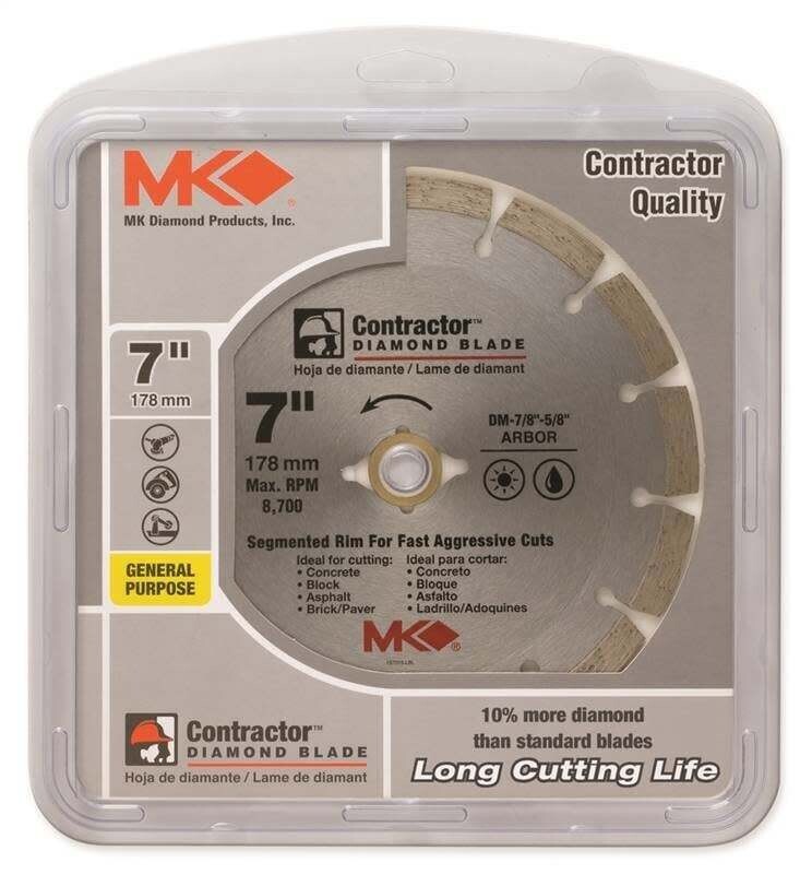 MK 167015 Saw Blade, 7 in Dia, 7/8 to 5/8 in Arbor, Diamond Cutting Edge, Segmented Rim