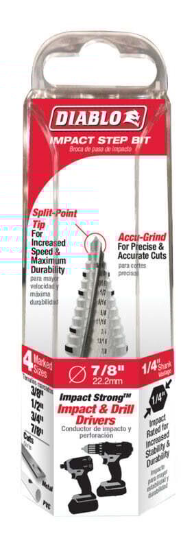 Diablo DSD0875S12 Step Drill Bit, 3/8 to 7/8 in Dia, 2-3/4 in OAL, Dual Flute, 1/4 in Dia Shank, Hex Shank