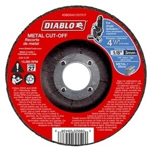 Diablo DBD045125701F Cut-Off Wheel, 4-1/2 in Dia, 1/8 in Thick, 7/8 in Arbor, Aluminum Oxide Abrasive