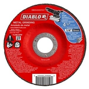 Diablo DBD045250701F Grinding Wheel, 4-1/2 in Dia, 1/4 in Thick, 7/8 in Arbor, Aluminum Oxide Abrasive*