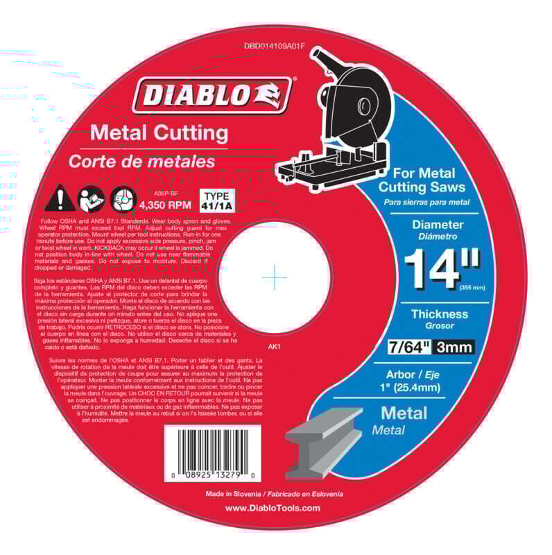 Diablo DBD014109A01F Chop Saw Disc, 14 in Dia, 1 in Arbor, Aluminum Oxide Abrasive*