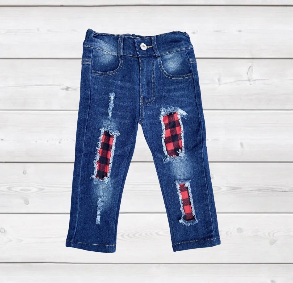Distressed Denim Buffalo Plaid Jeans