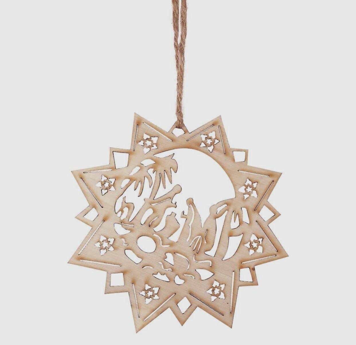 Wooden Cutout Holy Family in Star Ornament