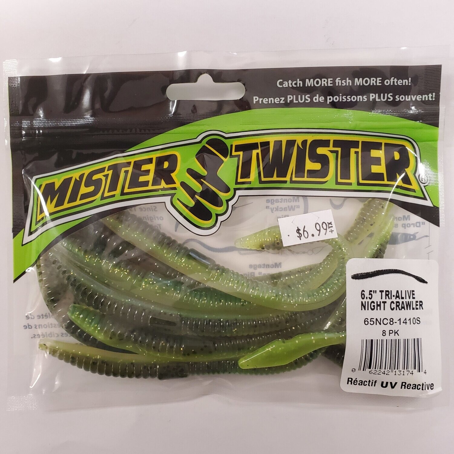Mister Twister tri-alive night crawler 6.5&quot; green/pumpkin 8pk