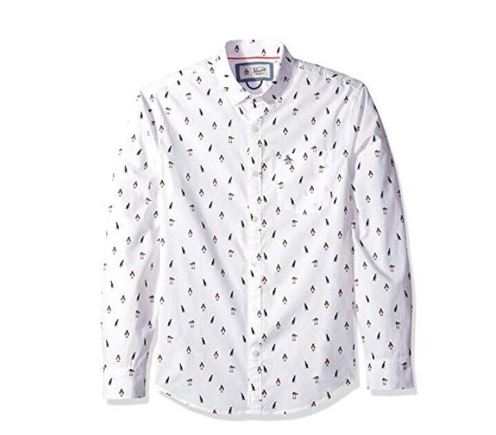 Original Penguin Men&#39;s Long Sleeve Printed Button Down Shirt, bright white penguin, M
