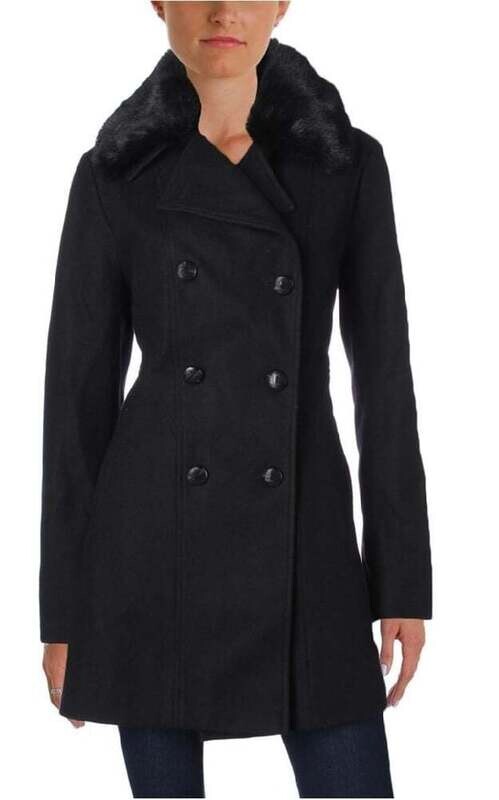 I.N.C.  Womens Black Wool Blend Coat w/ Faux Fur Collar