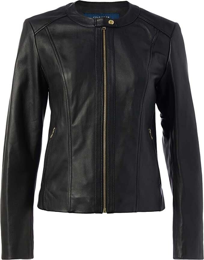 Cole Haan Women&#39;s Leather Collarless Jacket, XS