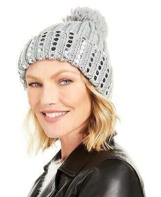 DKNY Silver Grey Pom Beanie Hat