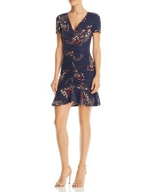 AQUA Navy Floral Print Ruched Dress