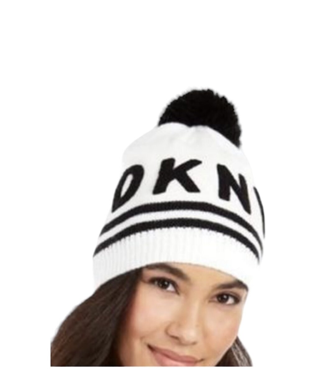 DKNY Pom White/Black Beanie Hat