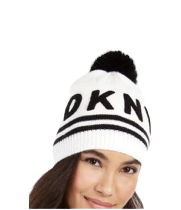 DKNY Pom White/Black Beanie Hat