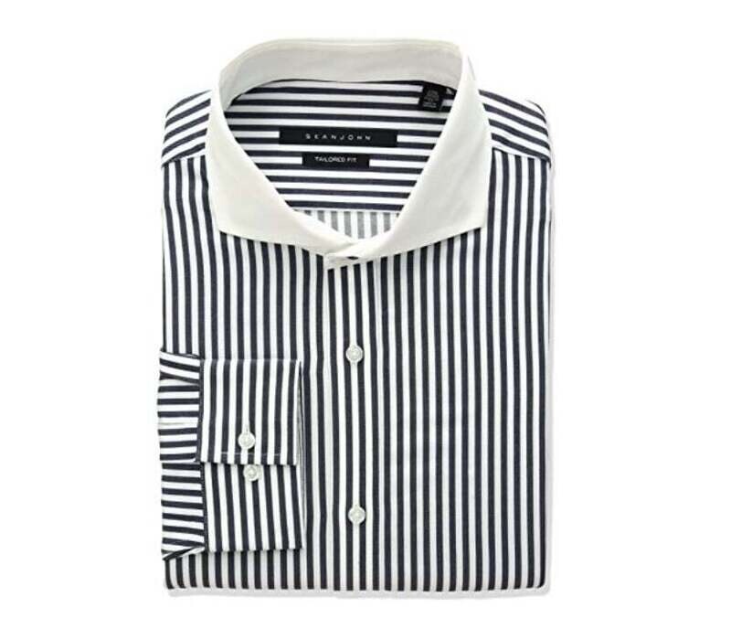 Sean John Men&#39;s Regular Fit Stripe Spread Collar Dress Shirt, Navy, 17.5&quot; Neck 34&quot;-35&quot; Sleeve