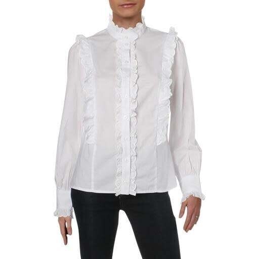 Aqua Womens Cotton Ruffled Button-Down Top S