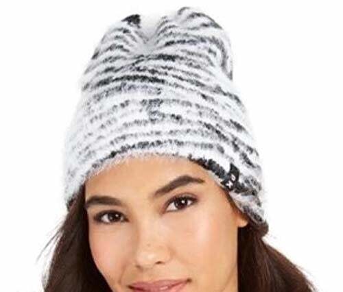 DKNY Fuzzy White Zebra Print Beanie Hat