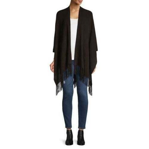 Cejon Black Ribbed Knit Fringe Wrap, OS
