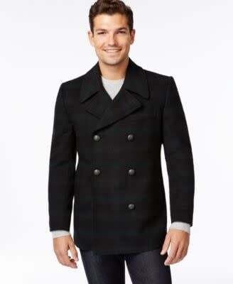 Tallia Mens Navy/Green Plaid Wool Blend Peacoat - Large