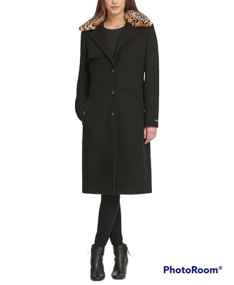 DKNY Womens Wool Blend Coat with Leopard Print Collar, M
