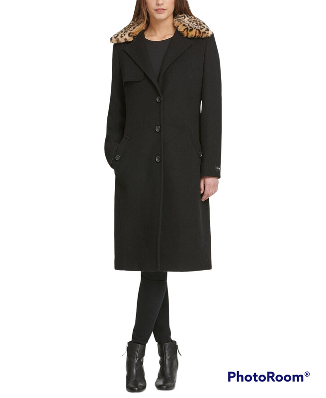 DKNY Womens Wool Blend Coat with Leopard Print Collar, M