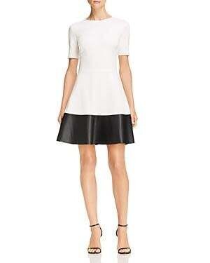 AQUA Faux Leather Trim Flare Dress, Small