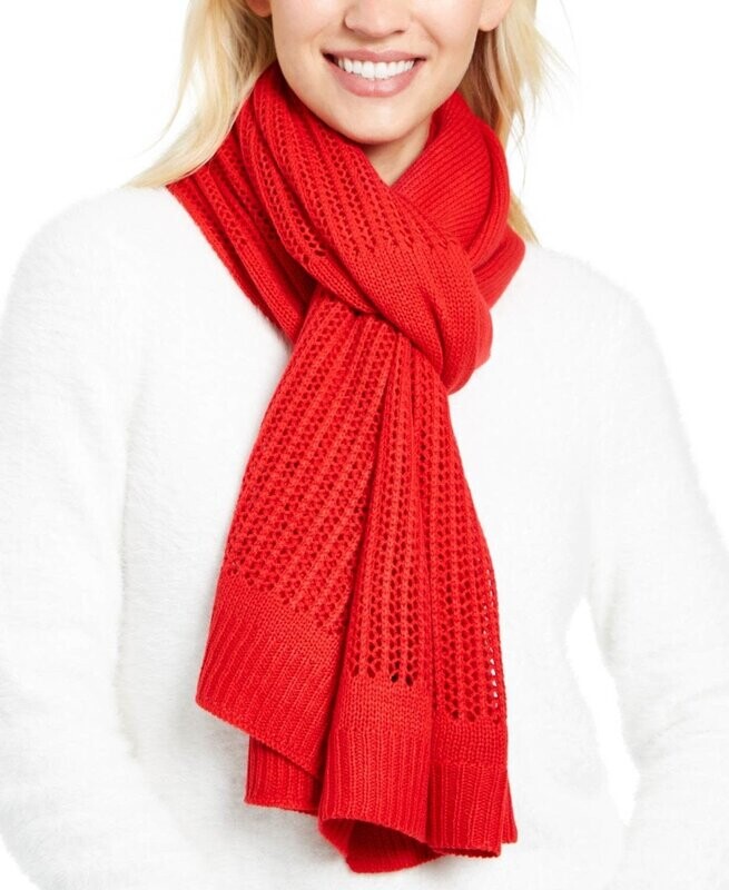 DKNY Red Soft Open Knit Block Wrap Scarf