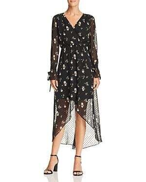 AQUA Black Floral Faux Wrap Floral Dress, Small