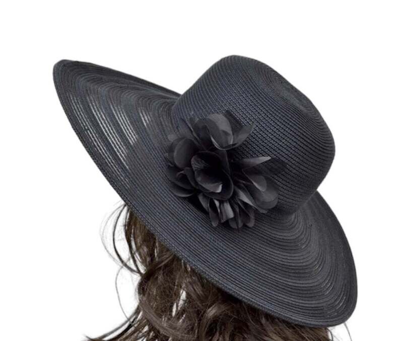 Nine West Black Summer Hat with Flower Applique, OS