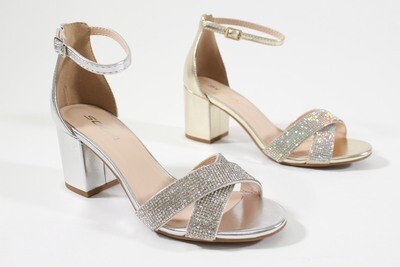 Crystal embedded straps with a touch of sparkle. Open toe metallic block heels with adjustable ankle support give you the eye-catching shimmer to turn heads wherever you go.