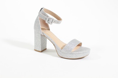 Stunning silver glitter block heels, featuring a comfortable block heel, adjustable ankle strap, and a shimmering finish for any special occasion.