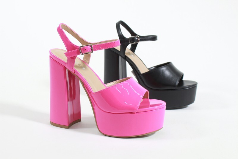 Sleek open-toe high heels with ankle strap and buckle, available in Black and Hot Pink.