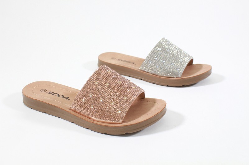 Value sandals in silver and penny with single wide strap and slip-on design for sleek everyday style.
