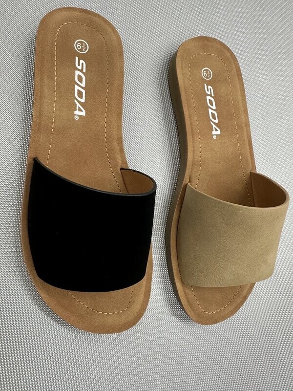 Efron sandals in black, tan, and natural tones with soft velvety straps and matte-finish comfort design.
