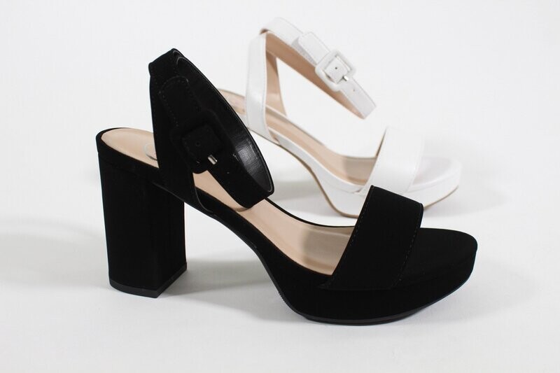 Platform high heel sandals with ankle strap, available in Black, White, Silver, and Gold. Image shows black color, and white.