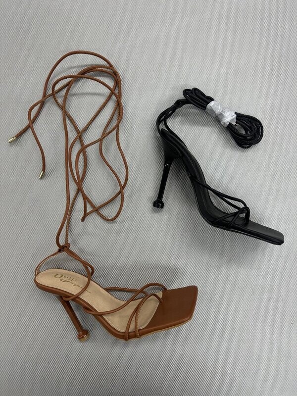 Marylin heels by Olivia in tan and black PU with slender straps and modest heel for chic day-to-night style.