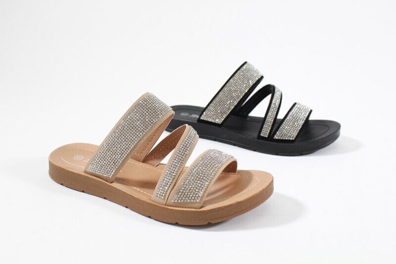 Zeal sandals by Soda in black and natural with sparkling rhinestone-accented straps and sleek slip-on silhouette.