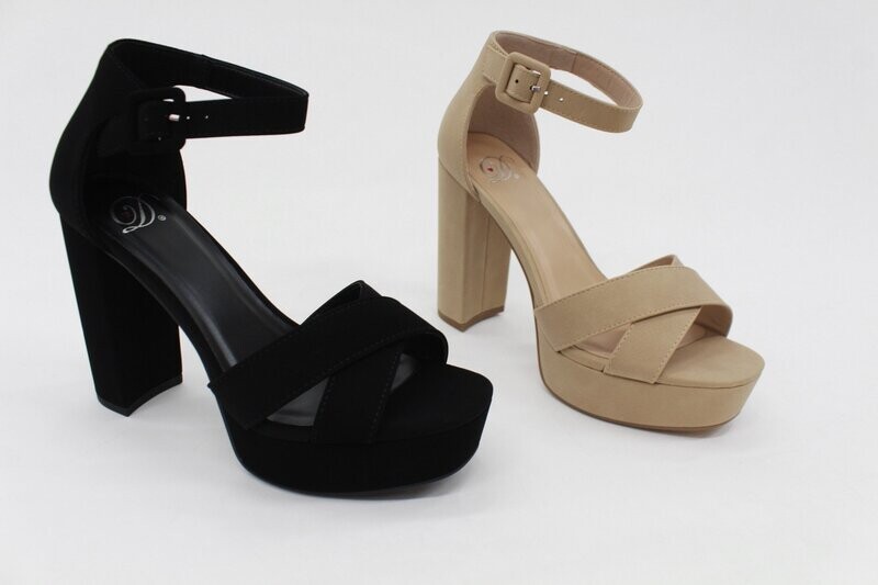 Sandrea heels in black and natural with crisscross straps, peep toe, and buckle ankle closure for chic elevation.