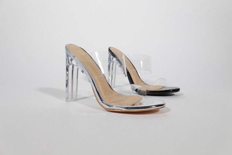 Clear-strap high heels with shimmering accents and transparent heel, in Black and Silver colors.
